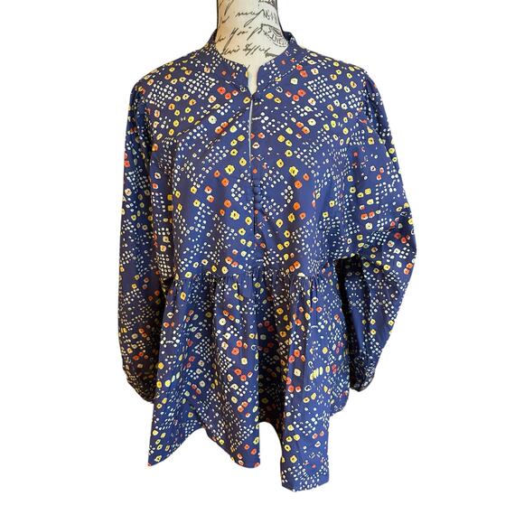 NWOT Oliphant Mandarin Balloon Sleeve Blouse Shabori Indigo Size XL 100% Cotton - Picture 3 of 11